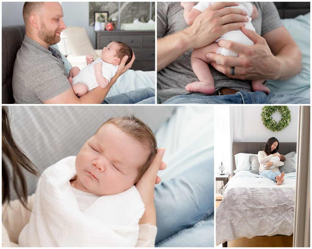 collage of parent and newborn posing