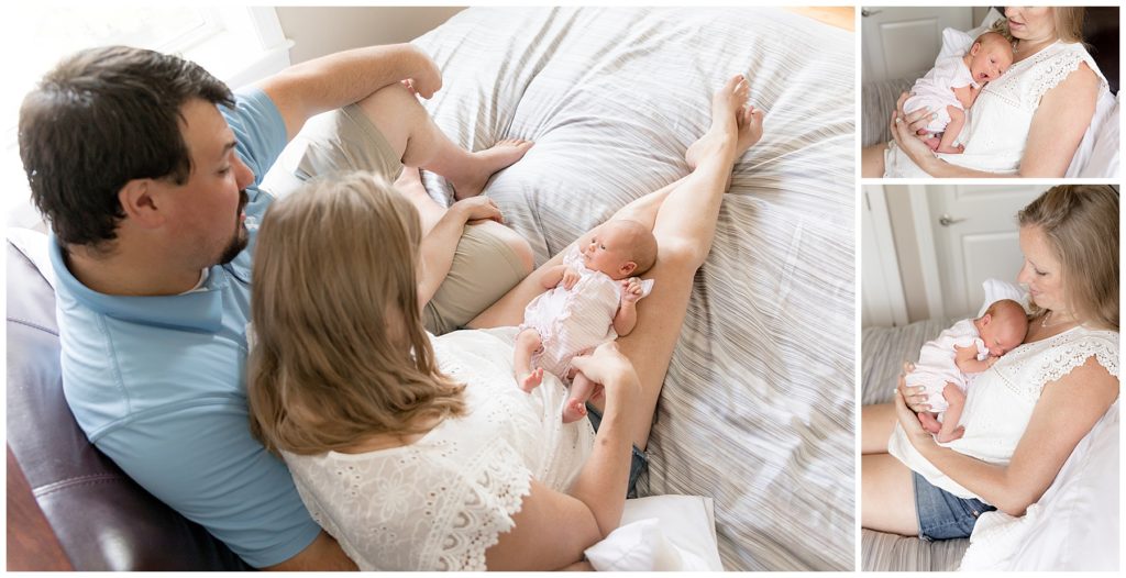 tiny newborn girl is wide awake during lifestyle photos