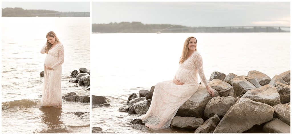 maternity photos on Annapolis rocks with bridge in background