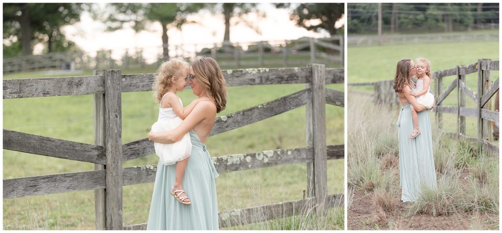 mom and daughter snuggle; beautiful dress and gorgeous light