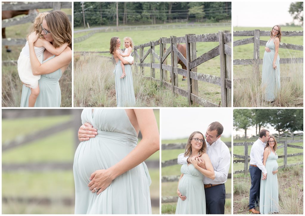 family pregnancy photos with horses and tall grasses