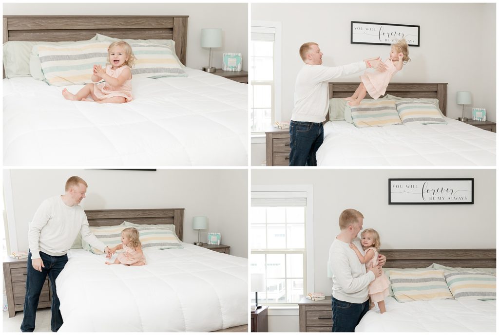 dad plays with toddler during photo session, photos with a toddler can be fun