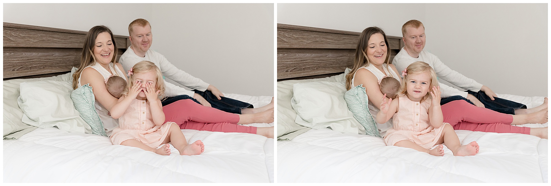 more peekaboo playtime on parent's bed, photos with a toddler can be fun