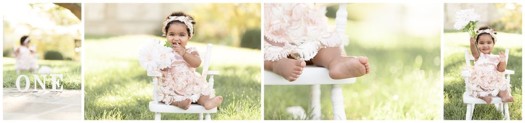 one year old holds flowers and sits on rocking chair at photo session