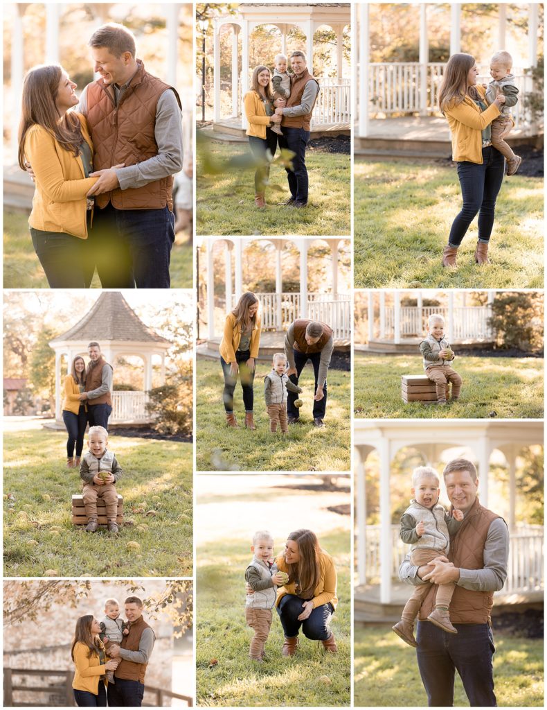 husband and wife pose with toddler for fall photos