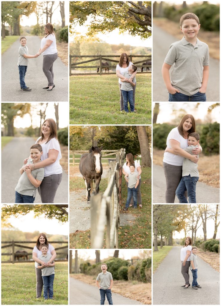 mom and son pose with horses during fall session