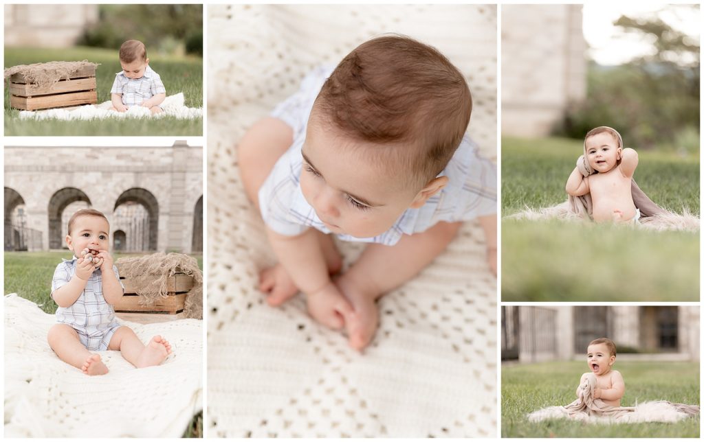 portraits of a baby boy on a blanket in the grass, no stranger danger here