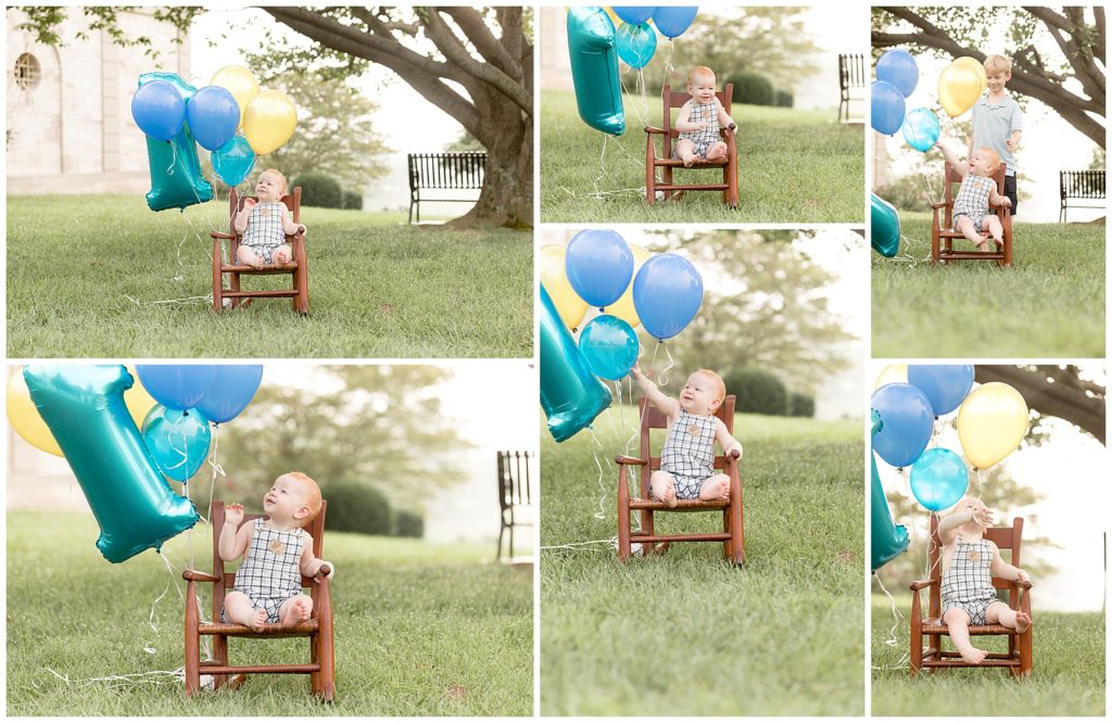 birthday boy plays with blue balloons, this cake smash still counts