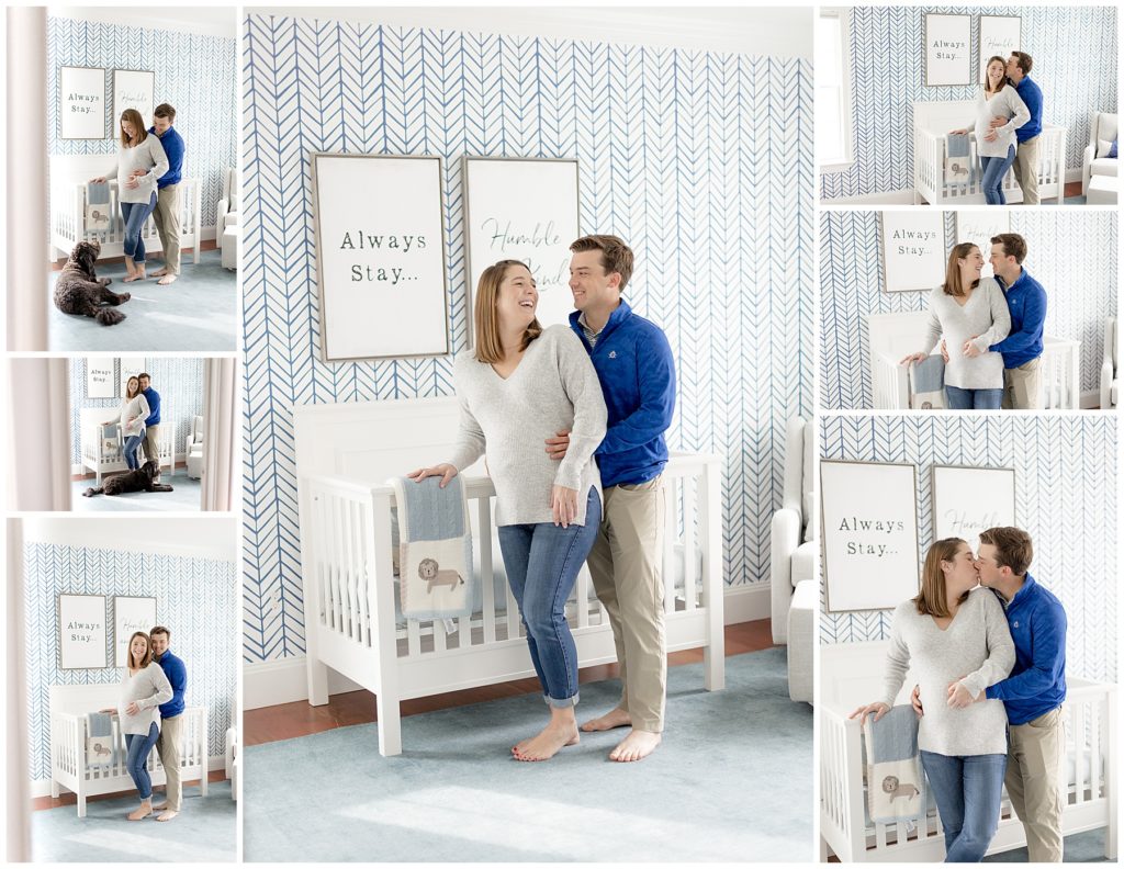 expecting parents pose for in-home maternity photos in baby's room