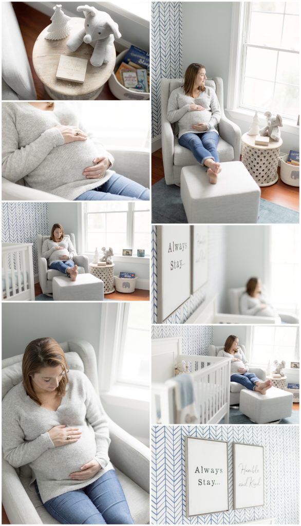 pregnant momma sits in nursery for in-home maternity photos