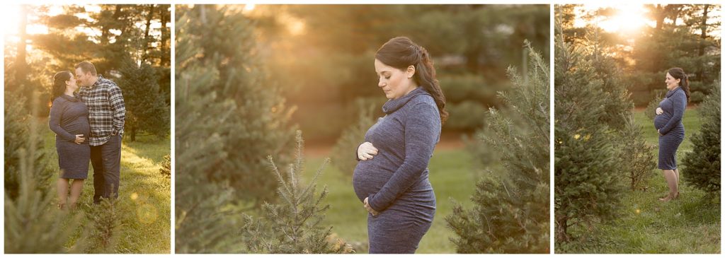 expectant momma wears blue for her Christmas tree maternity photos