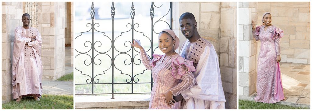 couple poses in traditional Gambian wedding clothes