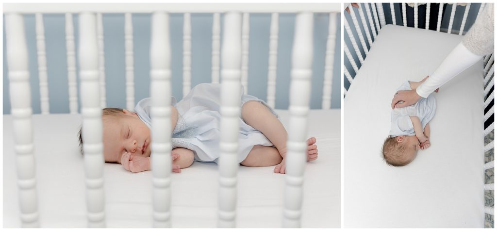 newborn sleeping in crib, prepping for in-home newborn photos
