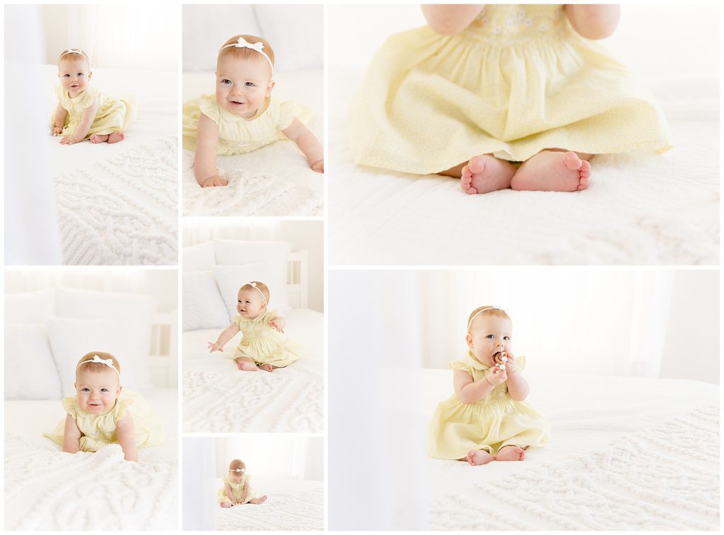 7 month old girl in yellow dress photo collage