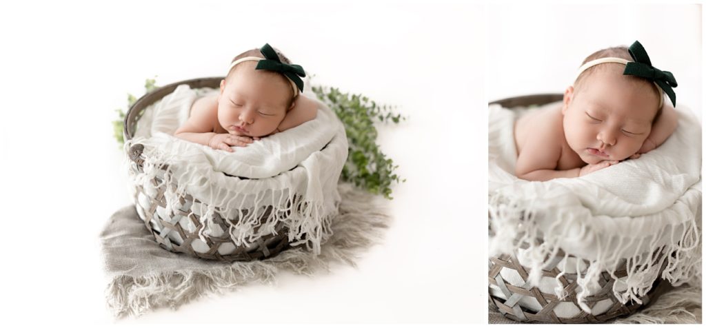 tiny newborn in gray basket with white linens, are you on my list