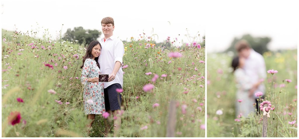 husband and wife announce pregnancy surrounded by flowers