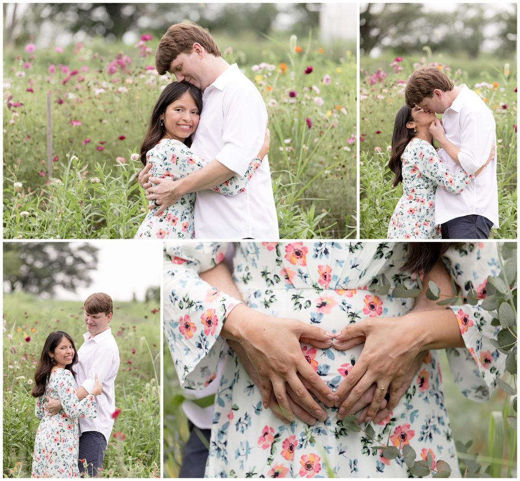 excited expecting couple in flowering garden