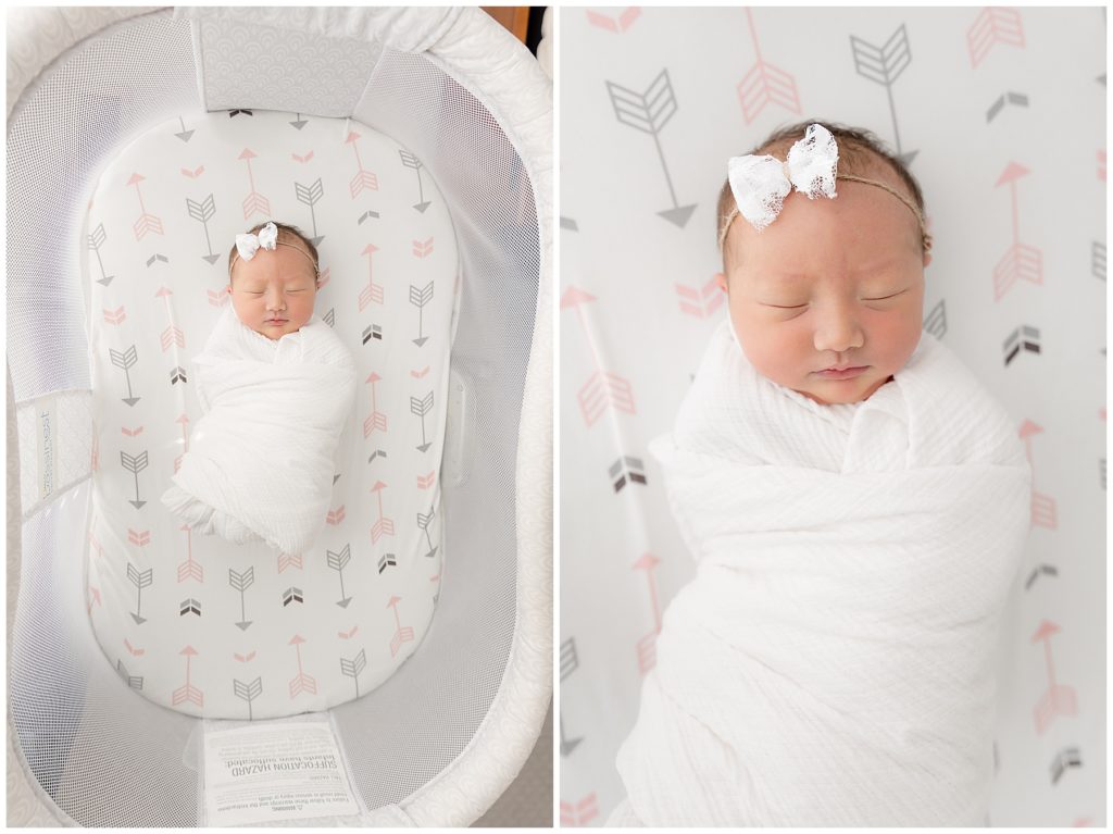 newborn girl at home in bassinet, fresh 48 at home