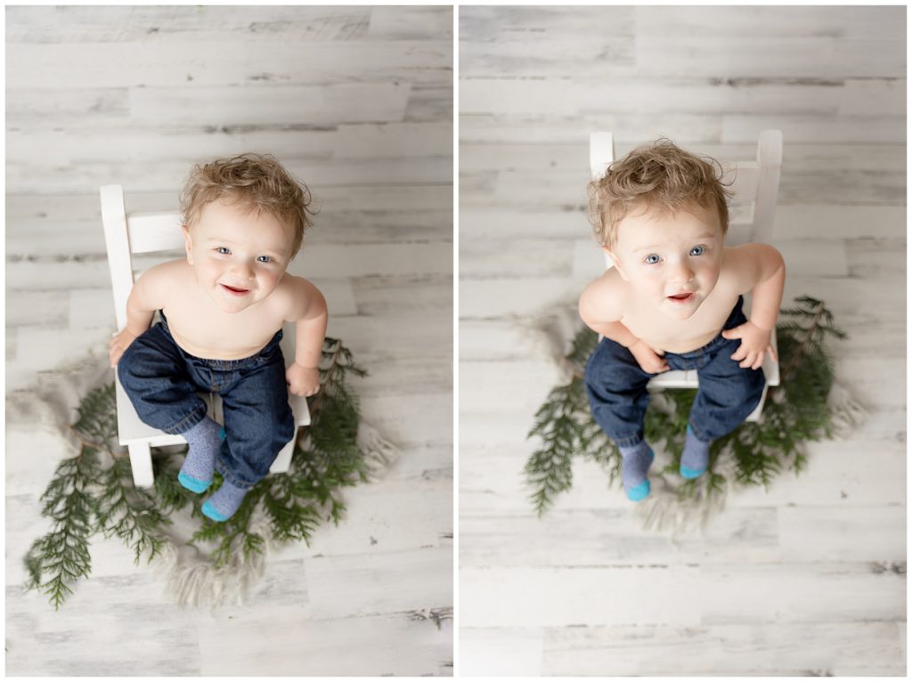 boy on white chair with evergreen leaves