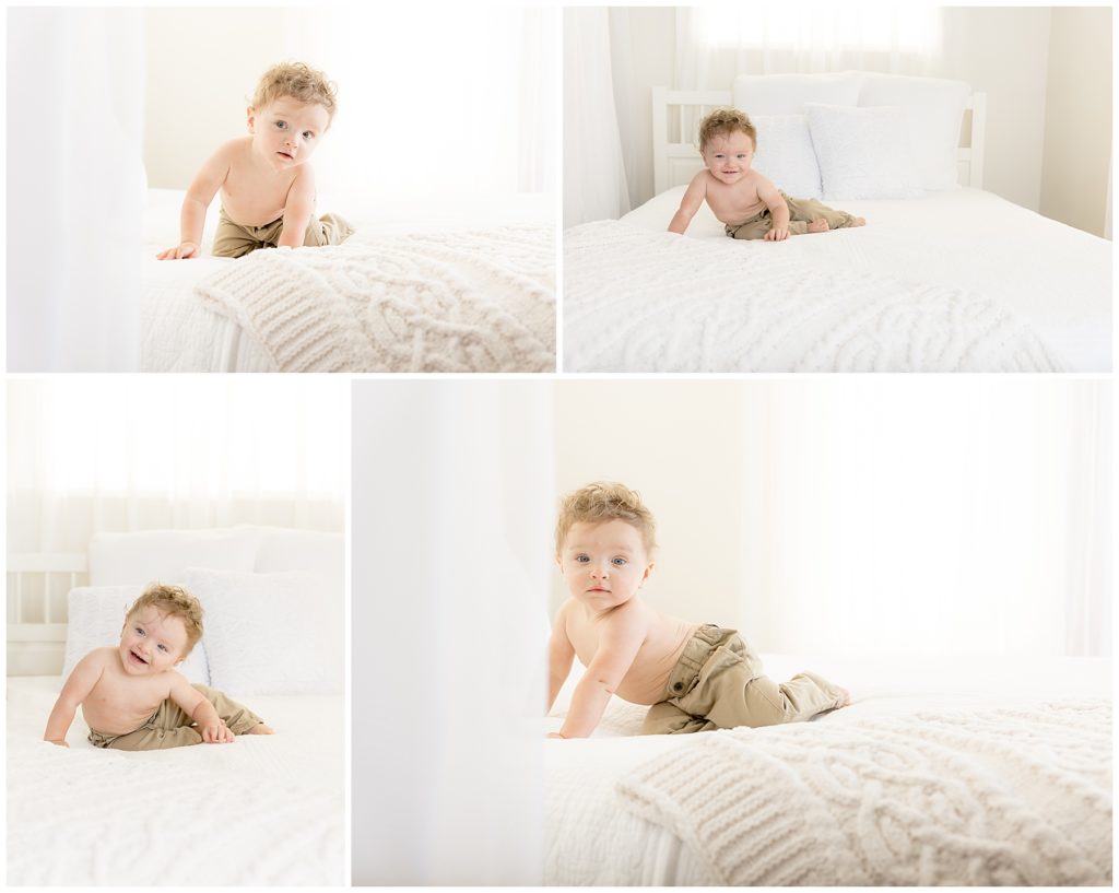 one year portraits on white bed in white studio
