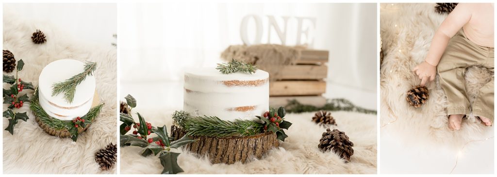 themed one year cake smash with winter decor