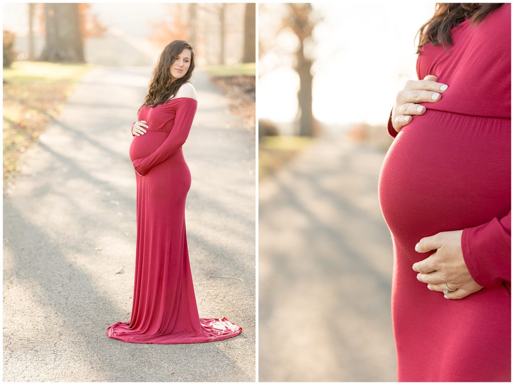 pregnant woman in red dress at Woodlawn Manor