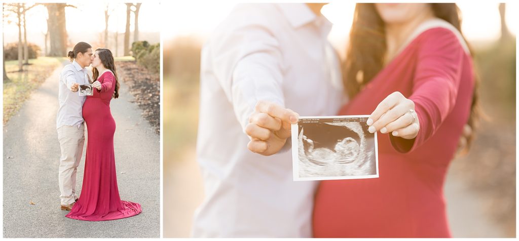 couple expecting baby hold ultrasound picture on tree-lined driveway