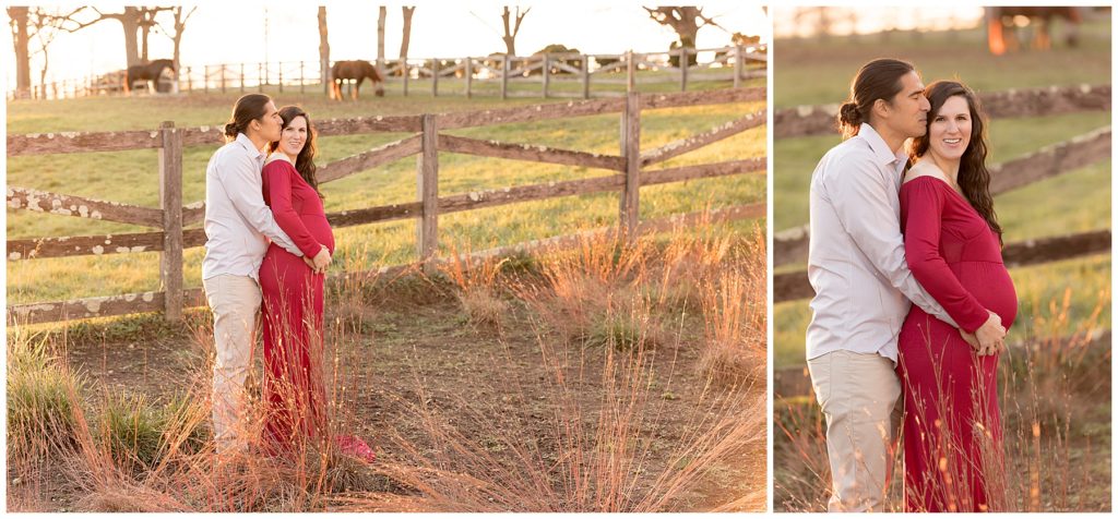 Woodlawn Manor maternity photos with horses and sunset