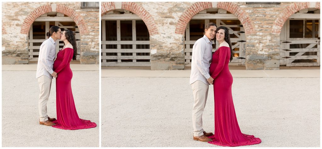 couple framed by arches during Woodlawn Manor maternity photos