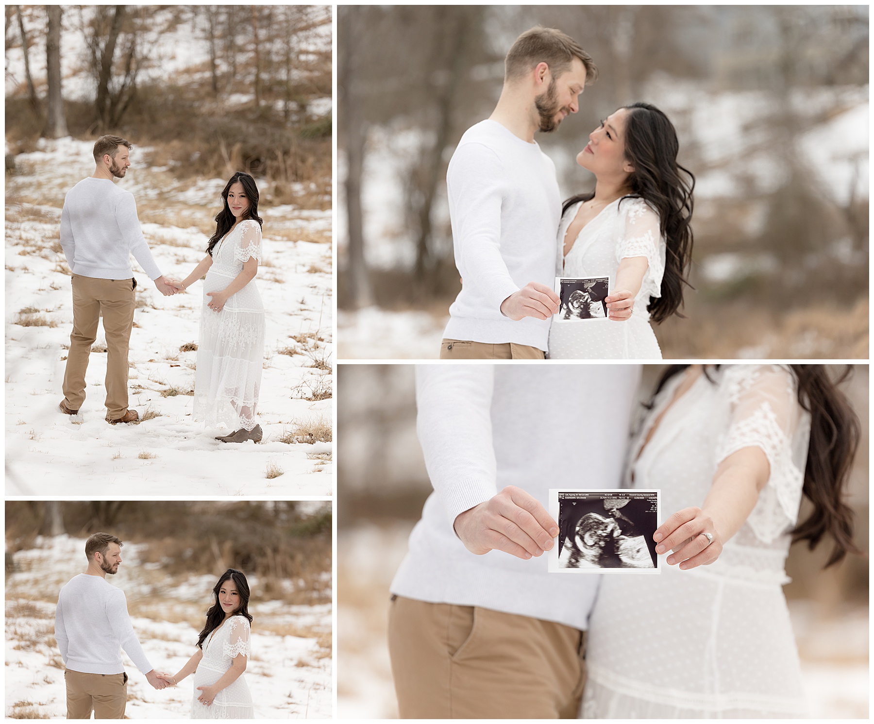 pregnant couple shows ultrasound picture during Winter Maternity Photos at the Howard County Conservancy