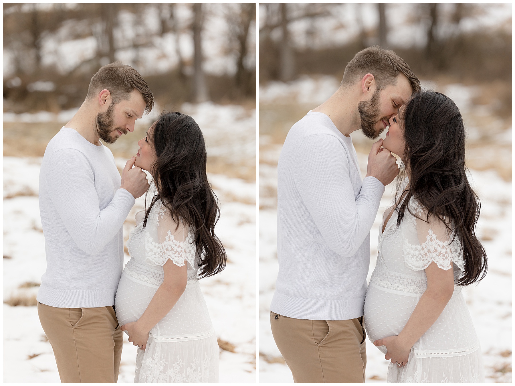 husband tenderly kisses pregnant wife during snow photos at Howard County Conservancy