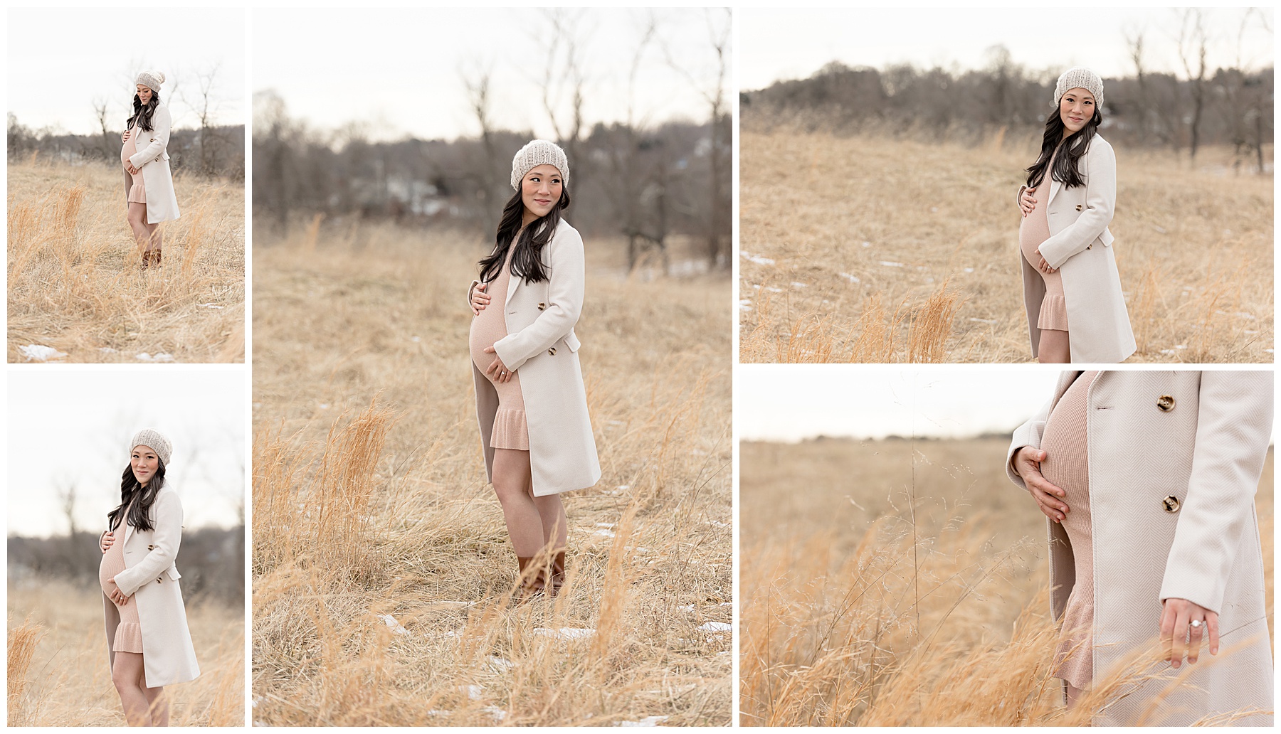 pregnant woman poses for maternity photos in the long grasses at the Howard County Conservancy