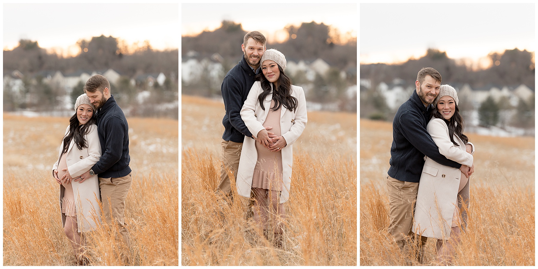 couple expecting their first baby pose for maternity photos in the tall grass at the Howard County Conservancy