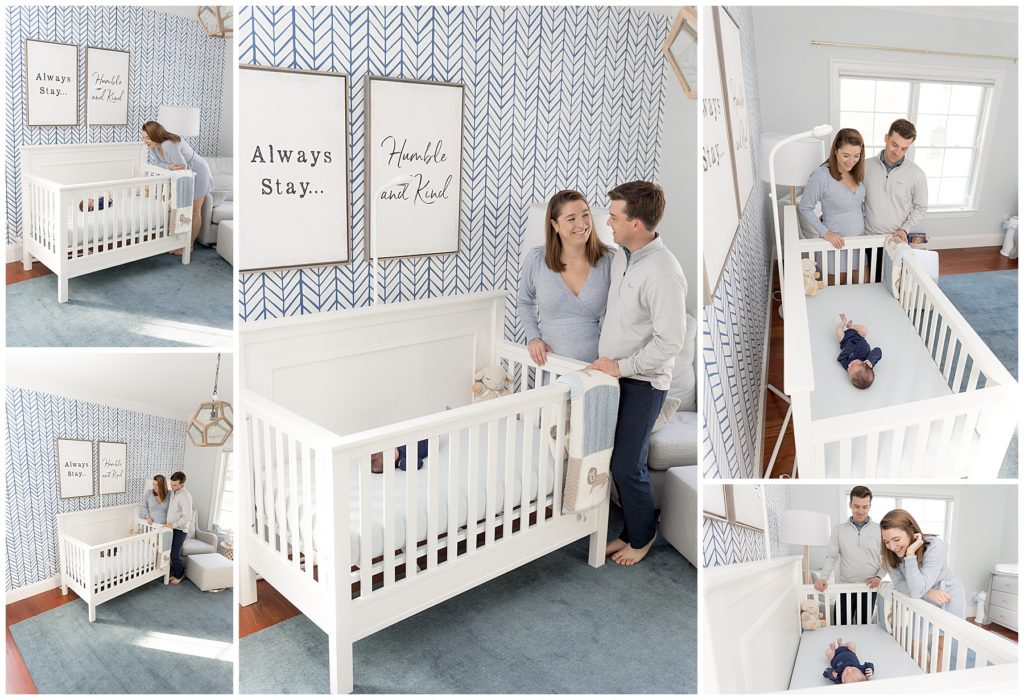 new parents look at baby in his nursery