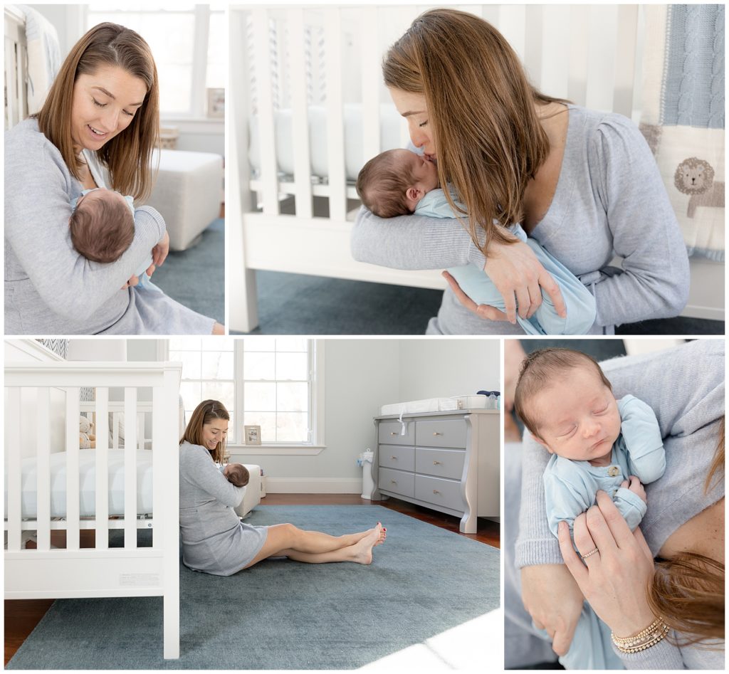mom kisses and cuddles newborn, newborn photos at home