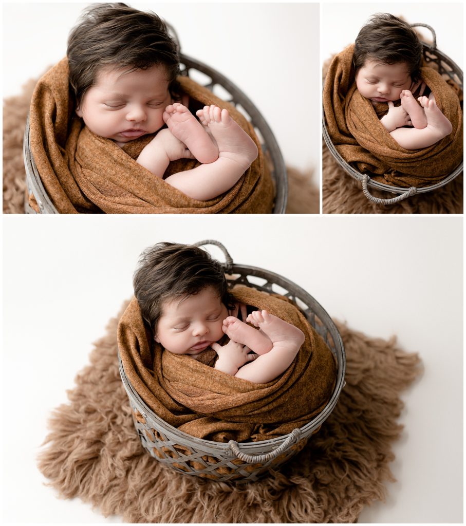 sleepy squishy newborn in basket poses