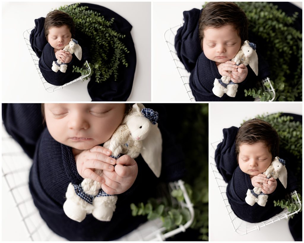 dark blue and white newborn photos with greenery