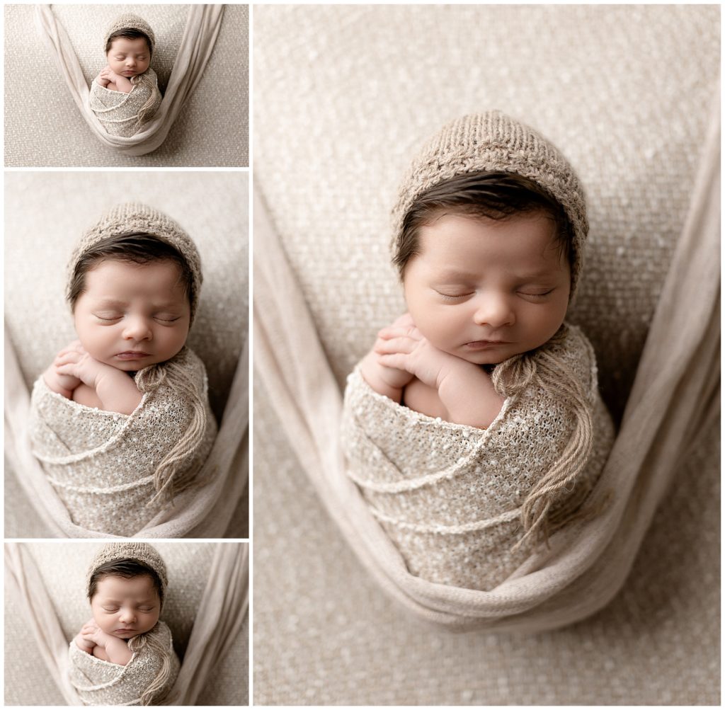 wrapped newborn posed on hammock backdrop