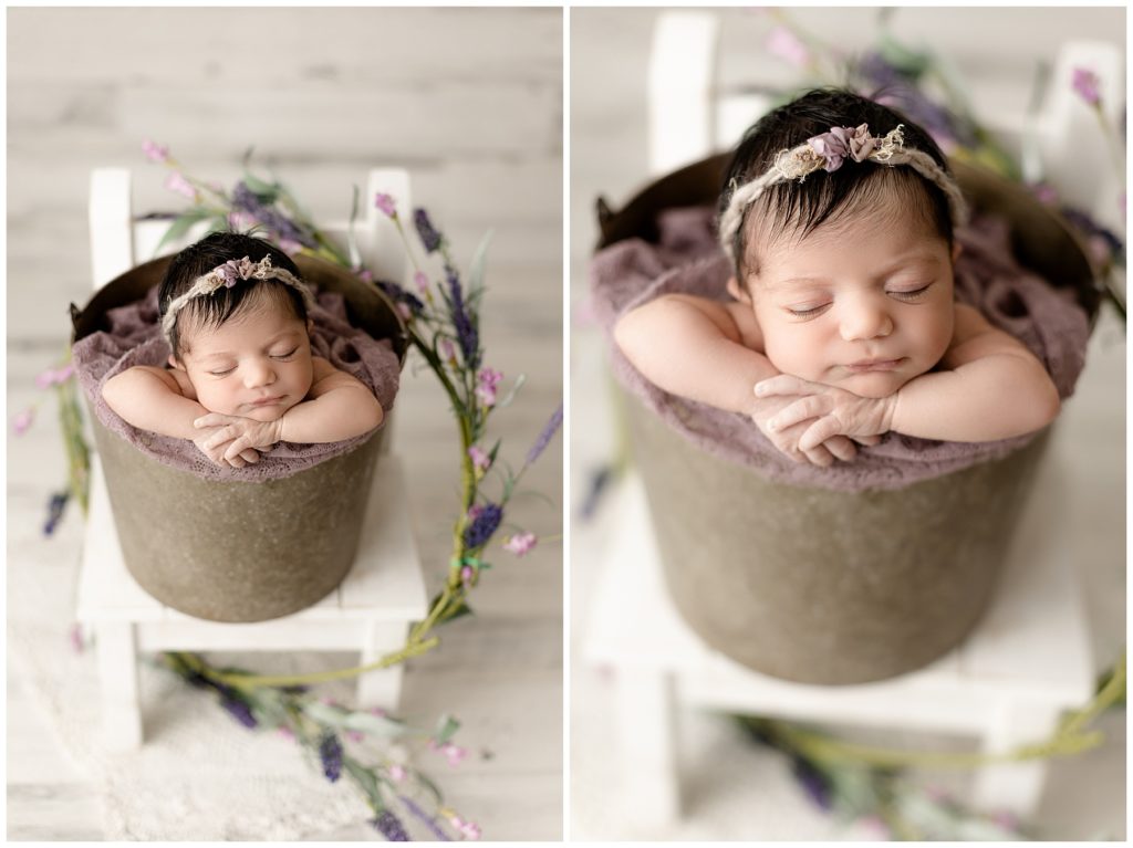 two views of newborn girl in bucket with flowers