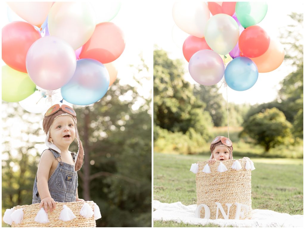 one year old boy in hot air balloon themed photos