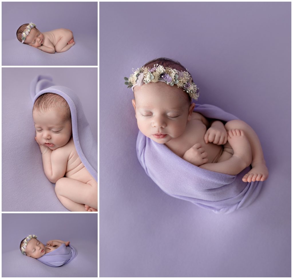 newborn girl in purple flower crown