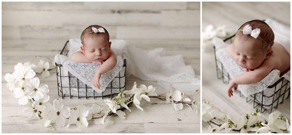 white bow, flowers and wire basket, newborn, it's hard to do all the things