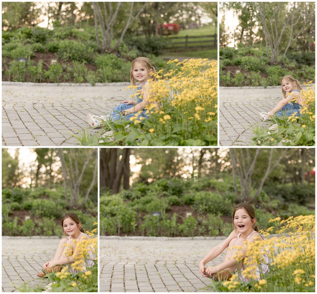 girls posing for photos with yellow spring flowers