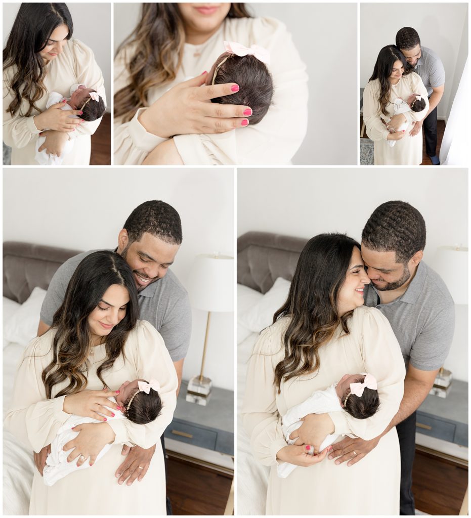 couple snuggles with newborn daughter, schedule newborn photos early