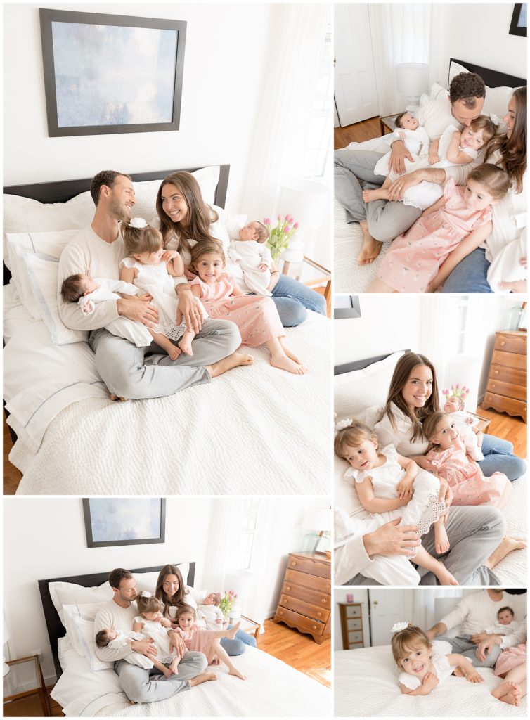 family shots on master bed, twin lifestyle newborn photos