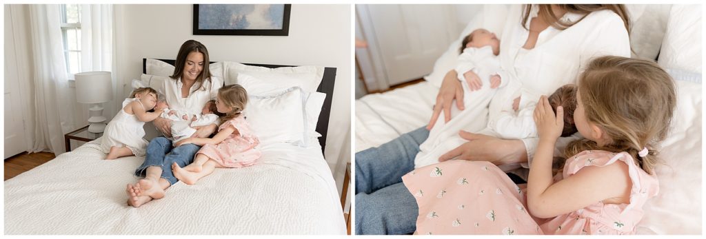 mom snuggles daughters during twin newborn pictures
