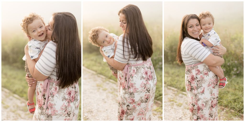 pregnancy mom snuggles with toddler during foggy photo session