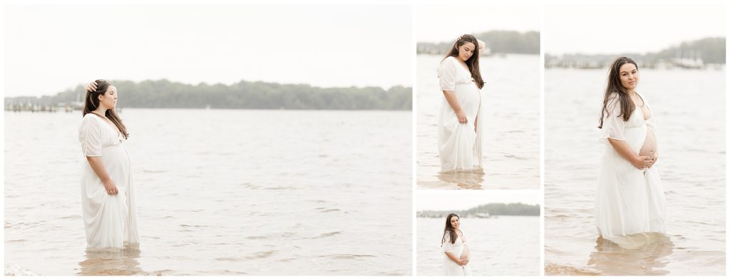 pregnant mom in white dress poses for photos in water