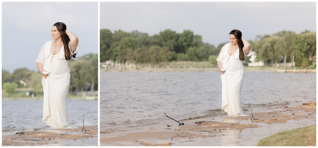 expectant mom stands on the beach for maternity photos