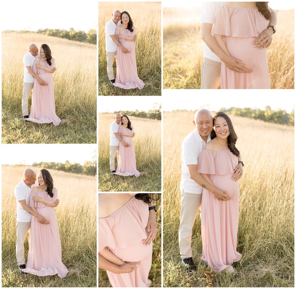 husband and wife pose for maternity photos in field